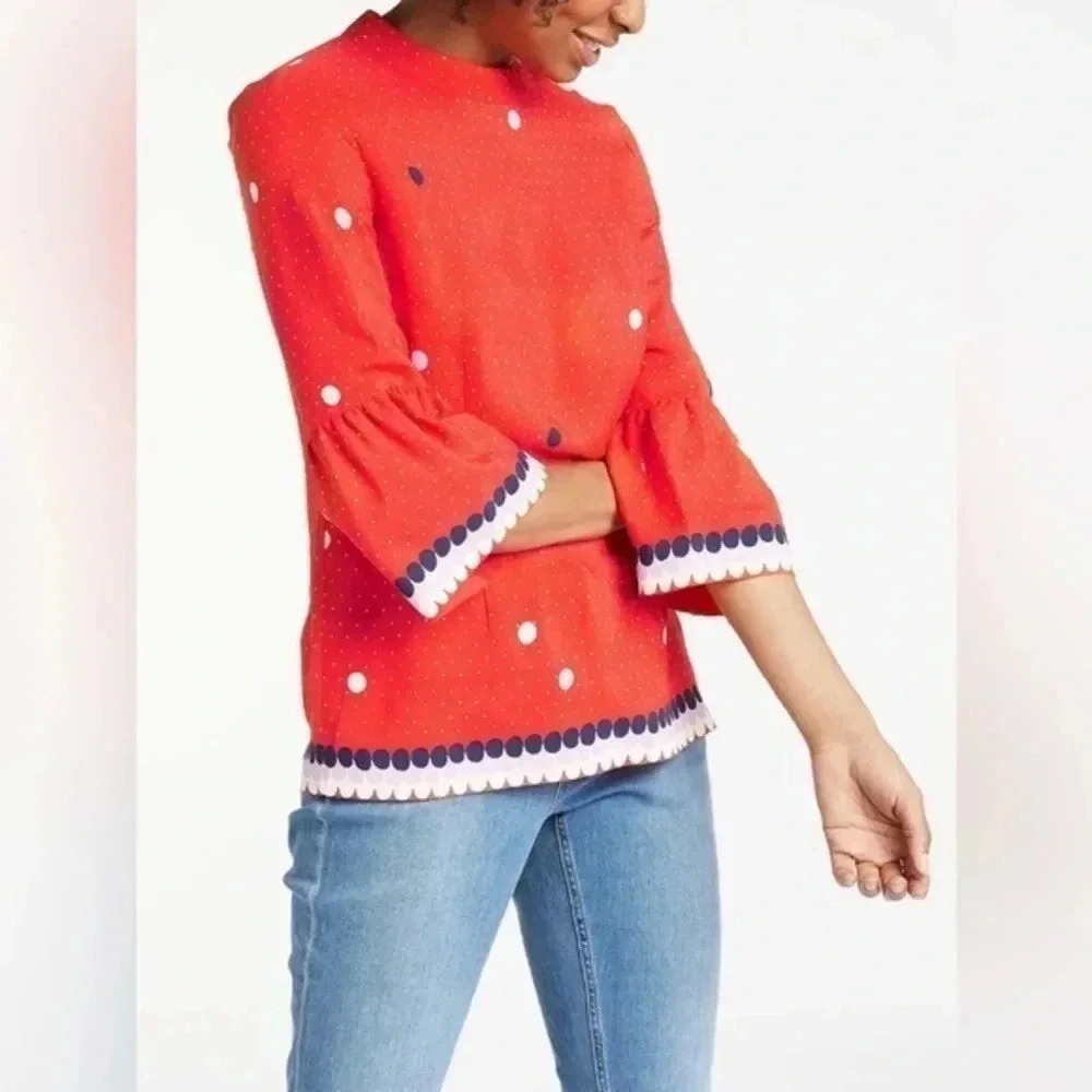 Boden Red Polka Dot 3/4 Sleeves Ruffle Bell Sleeves Blouse Women’s Size 4 Small - Picture 4 of 4